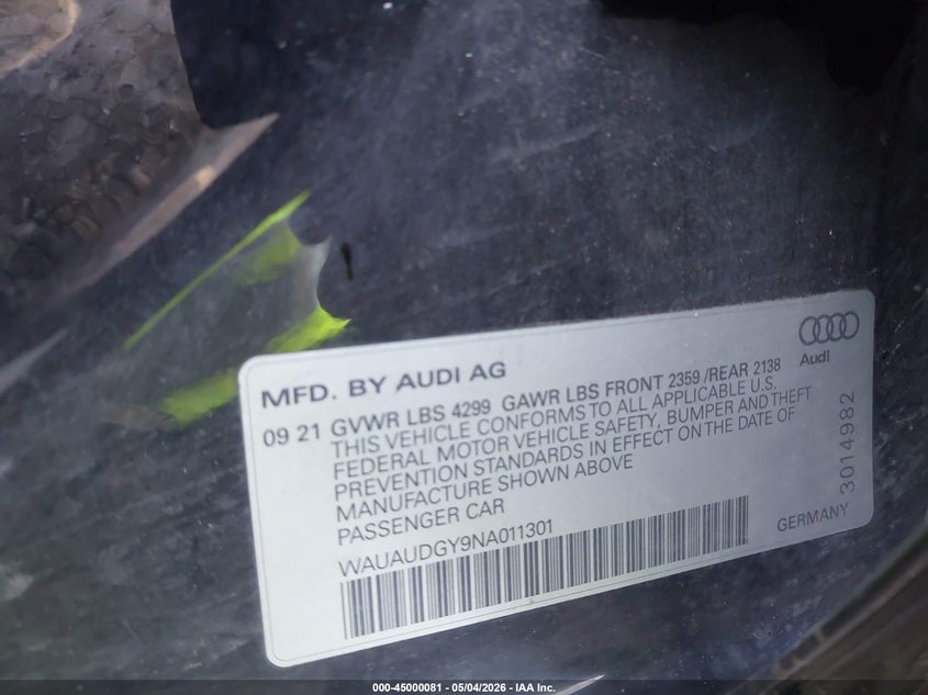 2022 Audi A3 Premium 40 Tfsi Front-Wheel Drive S Tronic VIN: WAUAUDGY9NA011301 Lot: 45000081