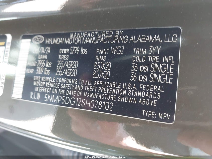 2025 HYUNDAI SANTA FE HYBRID 1.6L I-4 DI, DOHC, V(VIN: 5NMP5DG12SH028102