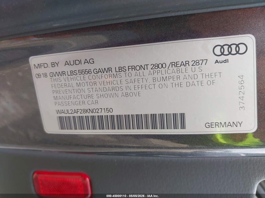 2019 Audi A6 55 Premium VIN: WAUL2AF28KN027150 Lot: 45000110