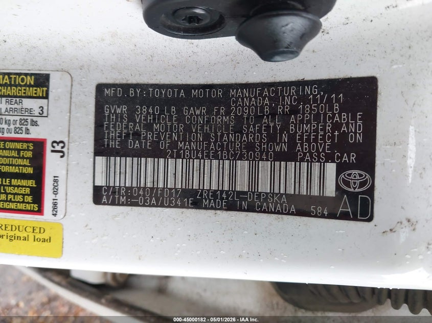 2011 Toyota Corolla 1.8 S white Lot 111045000182 Vin 2T1BU4EE1BC730940