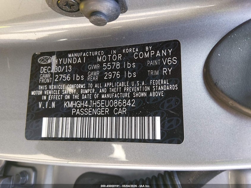 2014 Hyundai Equus Signature VIN: KMHGH4JH5EU086842 Lot: 45000191
