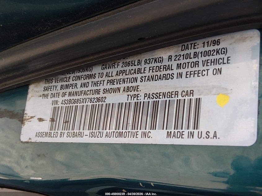 1997 Subaru Legacy Outback/Outback Limited VIN: 4S3BG685XV7623602 Lot: 45000239