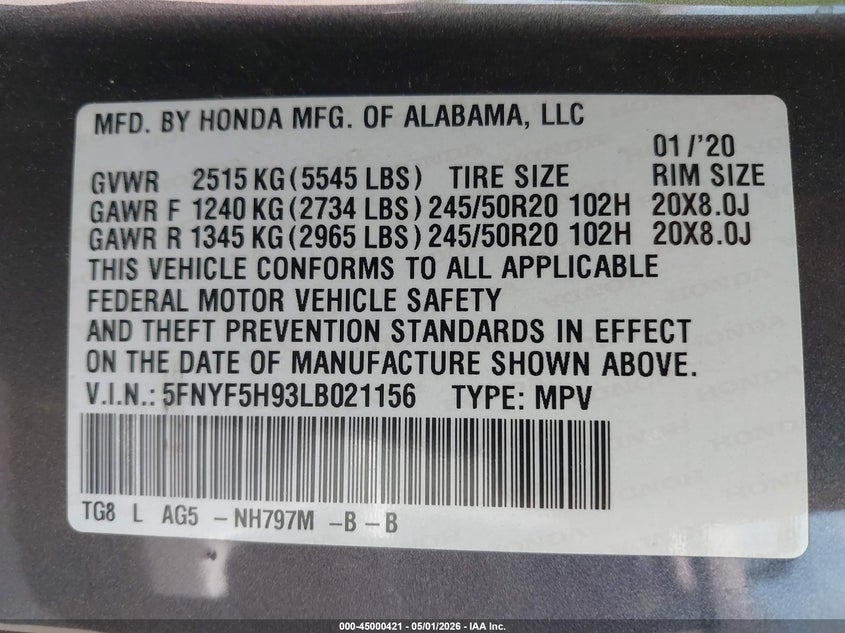 2020 HONDA PILOT SPORT UTILITY VEHICLE 3.5L V-6 DI, VVT, 280HP
