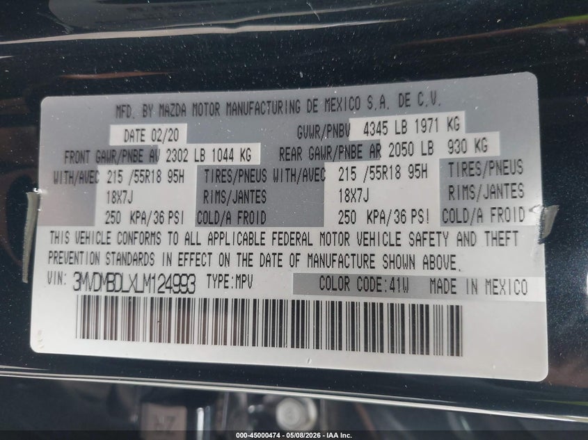 2020 Mazda Cx-30 Preferred Package VIN: 3MVDMBDLXLM124993 Lot: 45000474