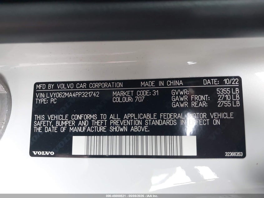 2023 Volvo S90 B6 Ultimate VIN: LVY062MA4PP321742 Lot: 45000521