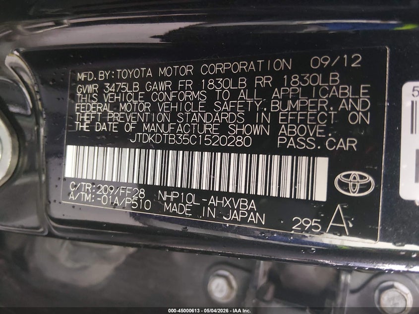 2012 Toyota Prius C Two VIN: JTDKDTB35C1520280 Lot: 45000613