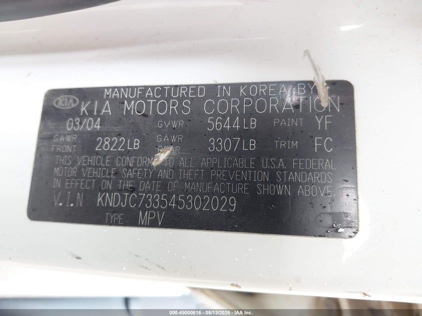 2004 Kia Sorento Ex/Lx VIN: KNDJC733545302029 Lot: 45000616