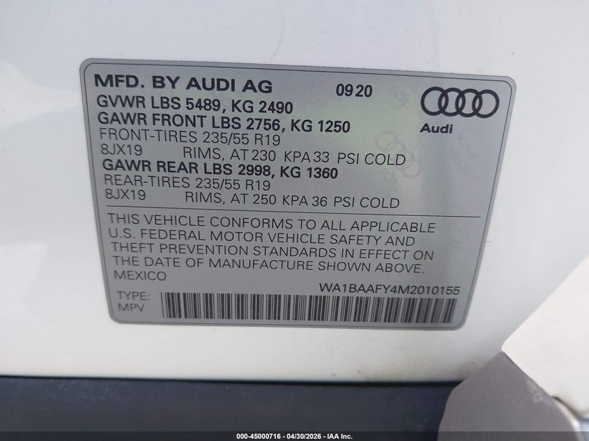 2021 Audi Q5 Premium Plus 45 Tfsi Quattro S Tronic VIN: WA1BAAFY4M2010155 Lot: 45000716