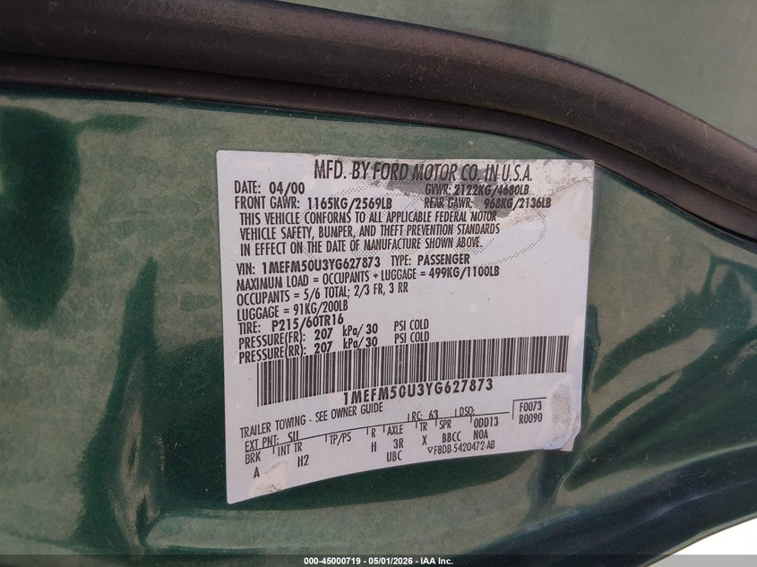 2000 Mercury Sable Gs VIN: 1MEFM50U3YG627873 Lot: 45000719
