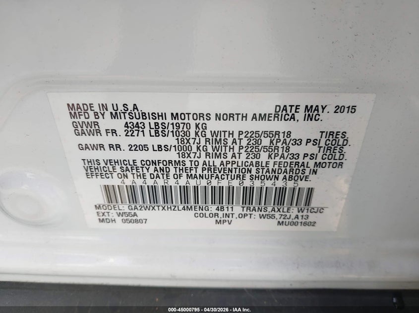 2015 MITSUBISHI OUTLANDER SPORT UTILITY VEHICLE 2.0L I-4 DOHC, VVT, 148HP