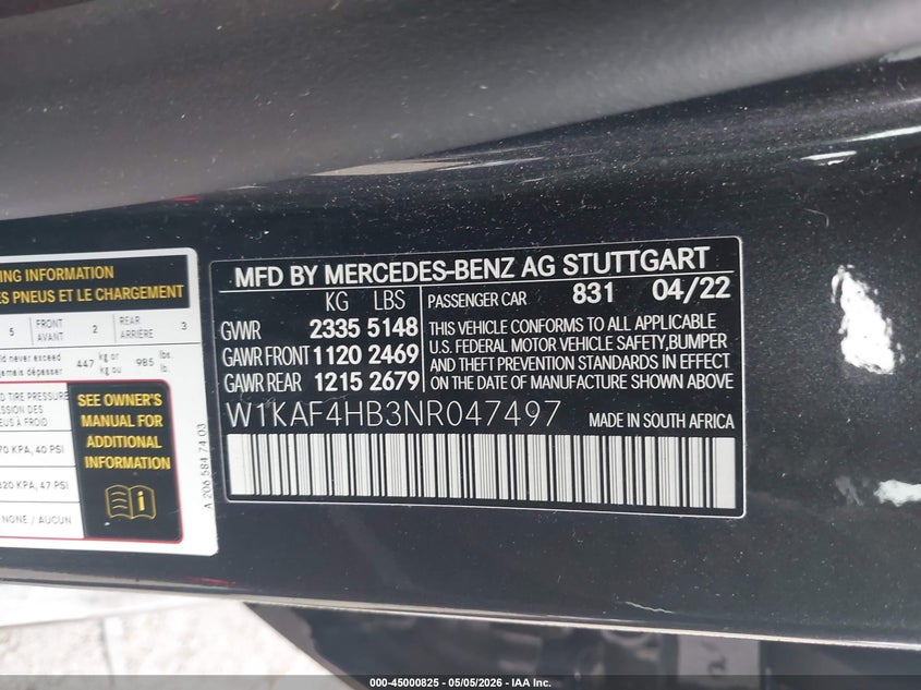 2022 Mercedes-Benz C 300 4Matic VIN: W1KAF4HB3NR047497 Lot: 45000825