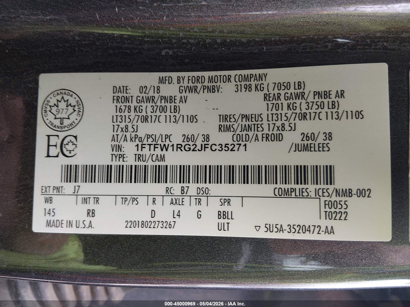 VIN: 1FTFW1RG2JFC35271 2018 FORD F-150 RAPTOR