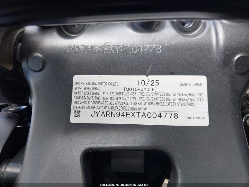 2026 Yamaha Mt09 VIN: JYARN94EXTA004778 Lot: 45000976