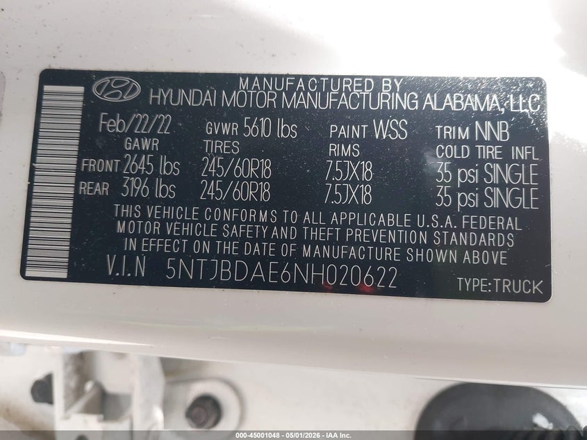 VIN 5NTJBDAE6NH020622 2022 HYUNDAI SANTA CRUZ SEL