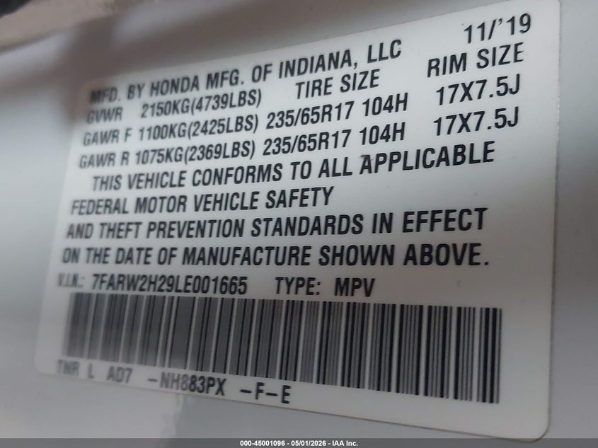 VIN 7FARW2H29LE001665 2020 HONDA CR-V AWD LX
