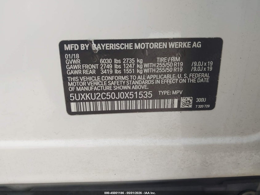 2018 BMW X6 xDrive35I VIN: 5UXKU2C50J0X51535 Lot: 45001186