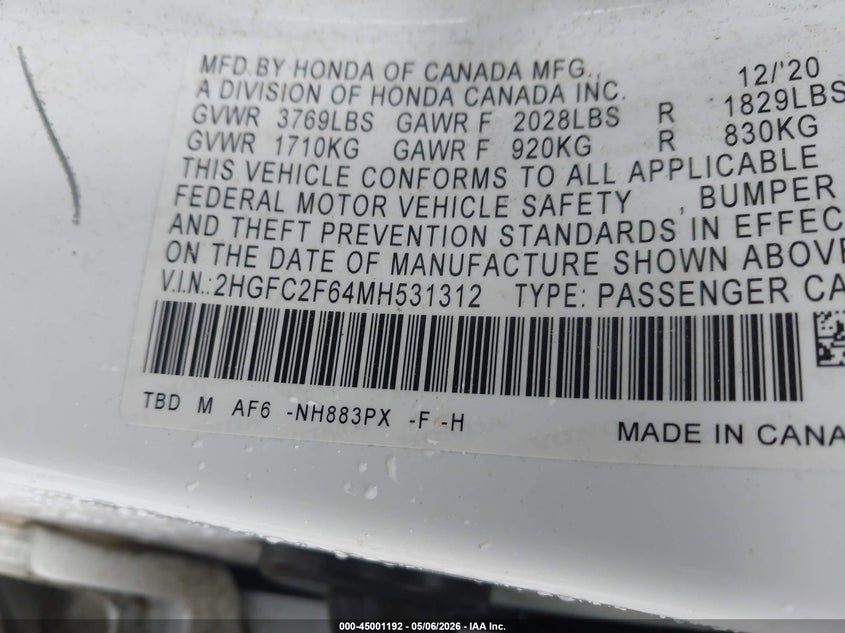 2021 HONDA CIVIC 2.0L I-4 DOHC, VVT, (VIN: 2HGFC2F64MH531312