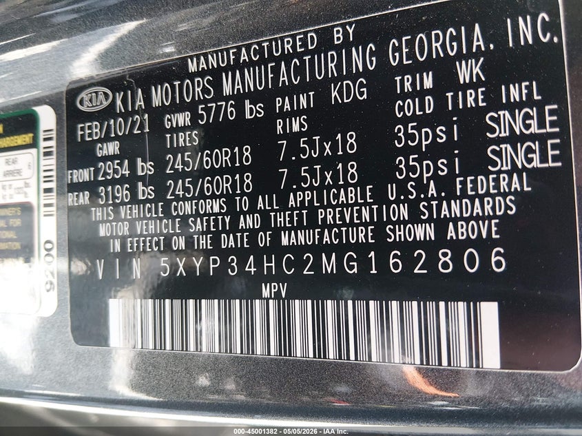 VIN 5XYP34HC2MG162806 2021 KIA TELLURIDE EX