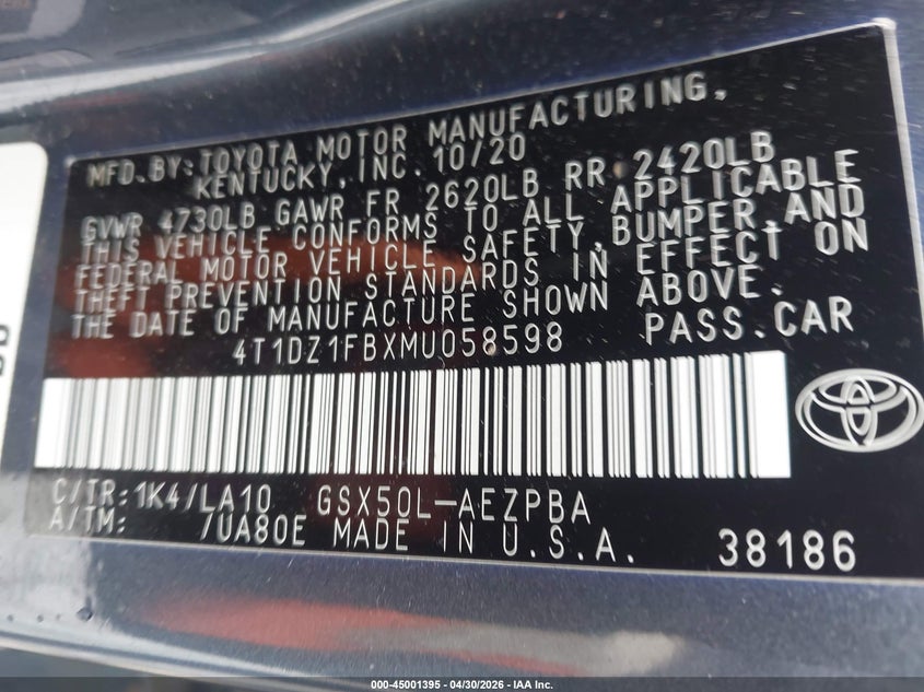 TOYOTA AVALON 2021 VIN 4T1DZ1FBXMU058598