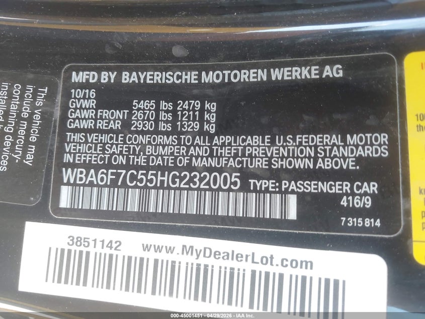2017 BMW 650I xDrive VIN: WBA6F7C55HG232005 Lot: 45001451