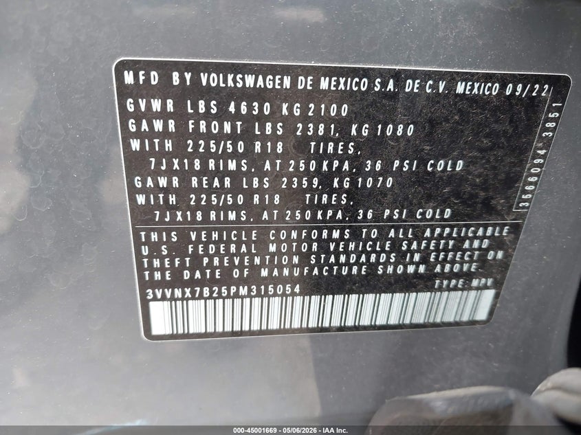 2023 Volkswagen Taos 1.5T Se VIN: 3VVNX7B25PM315054 Lot: 45001669
