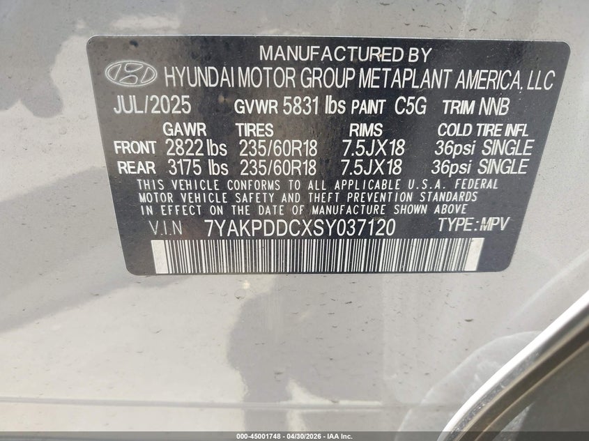 2025 Hyundai Ioniq 5 Xrt VIN: 7YAKPDDCXSY037120 Lot: 45001748
