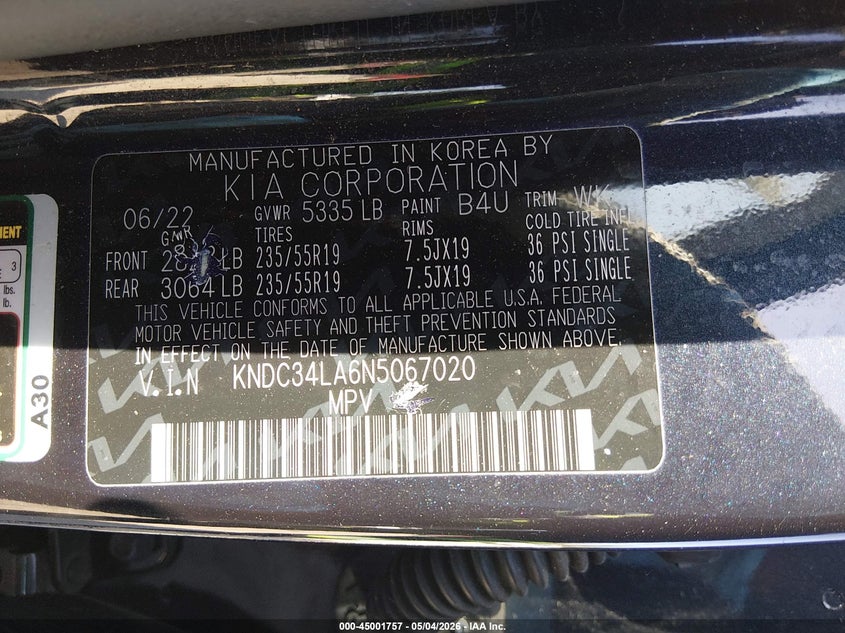 2022 Kia Ev6 Wind VIN: KNDC34LA6N5067020 Lot: 45001757
