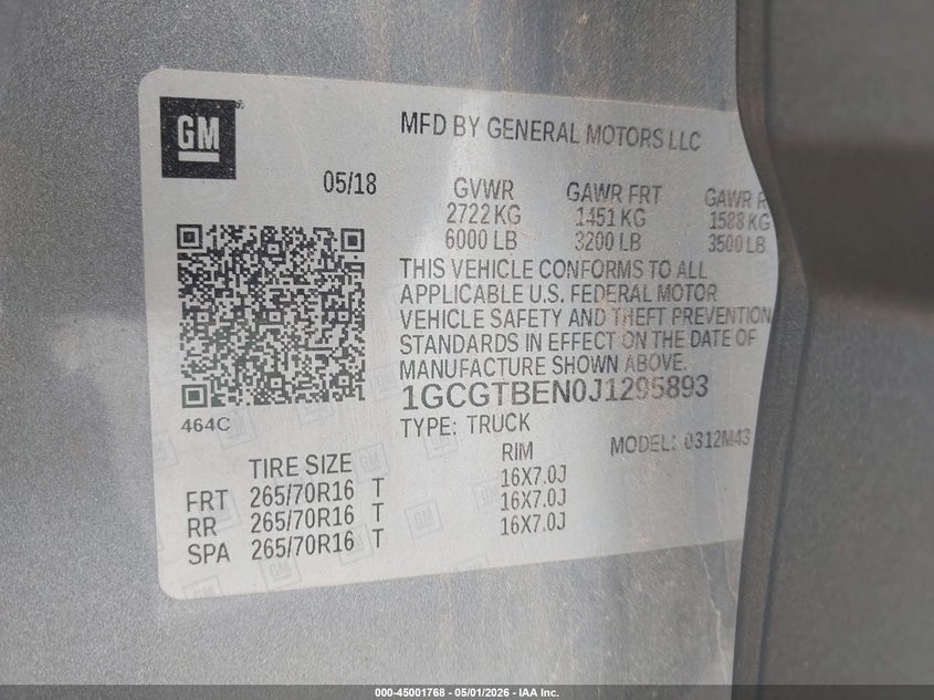 VIN 1GCGTBEN0J1295893 2018 CHEVROLET COLORADO WT
