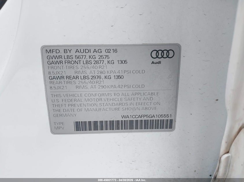 2016 Audi Sq5 3.0T Premium Plus VIN: WA1CCAFP5GA105551 Lot: 45001773