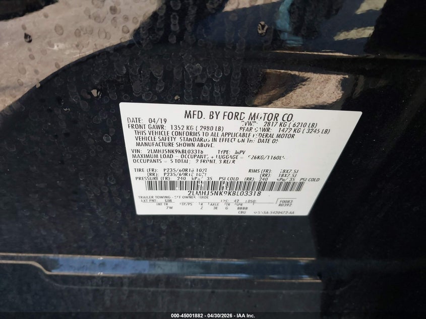 2019 Lincoln Mkt Livery VIN: 2LMHJ5NK9KBL03318 Lot: 45001882