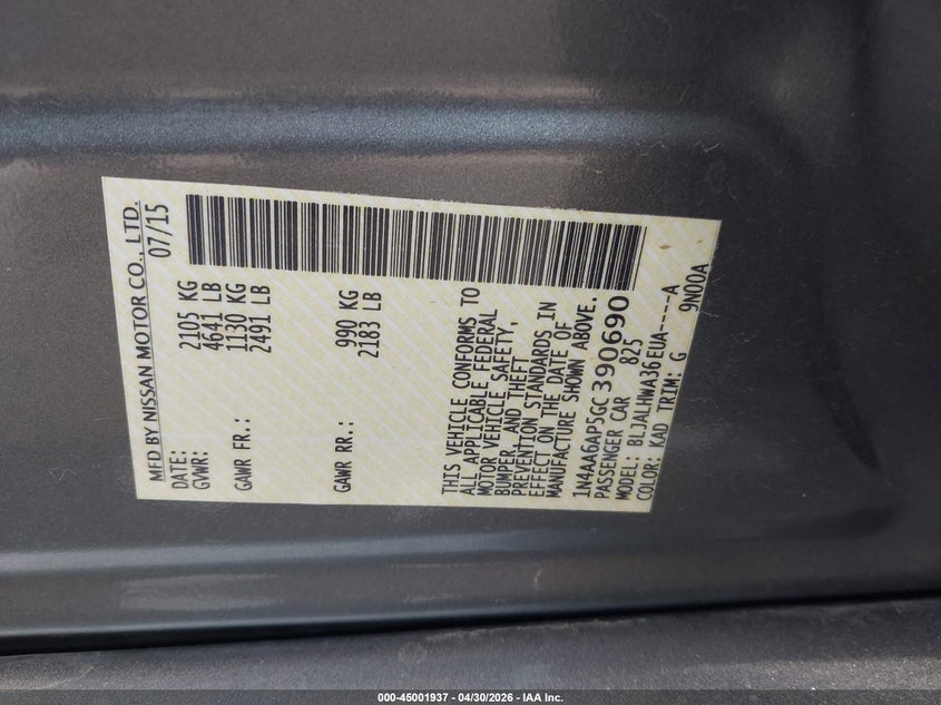 2016 NISSAN MAXIMA SEDAN 3.5L V-6 DOHC, VVT, 300HP