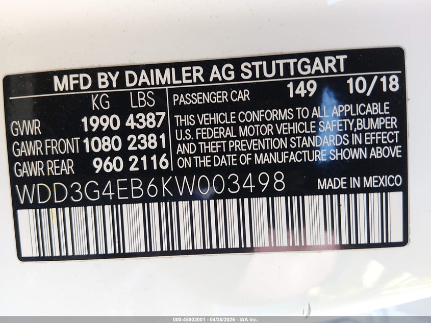 2019 Mercedes-Benz A 220 VIN: WDD3G4EB6KW003498 Lot: 45002001