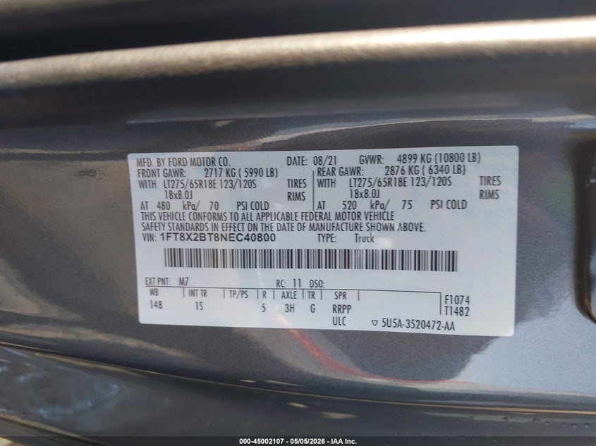 VIN 1FT8X2BT8NEC40800 2022 FORD F-250