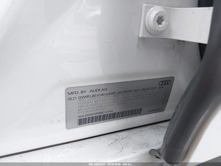 2021 Audi A8 L 55 Tfsi Quattro Tiptronic VIN: WAU8DAF86MN014744 Lot: 45002233