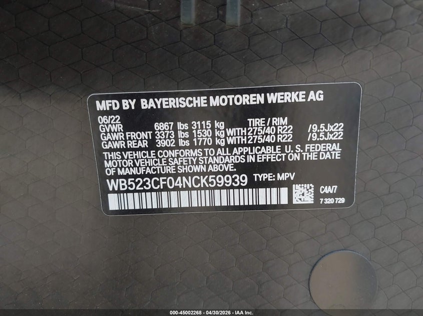 2022 BMW Ix xDrive50 VIN: WB523CF04NCK59939 Lot: 45002268