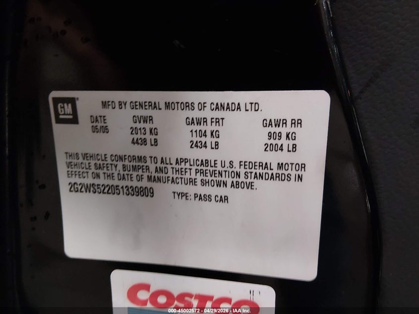 2005 Pontiac Grand Prix Gt VIN: 2G2WS522051339809 Lot: 45002572