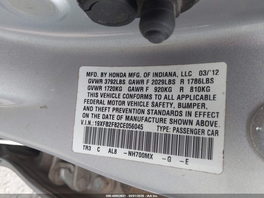 2012 Honda Civic 1.8 Ex silver Lot 111045002651 Vin 19XFB2F82CE056045