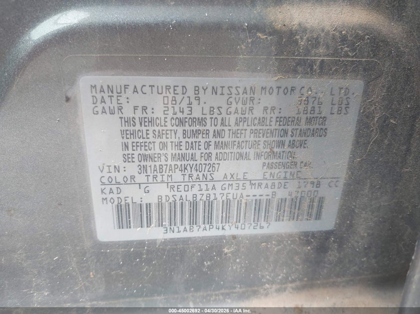 VIN 3N1AB7AP4KY407267 2019 NISSAN SENTRA S