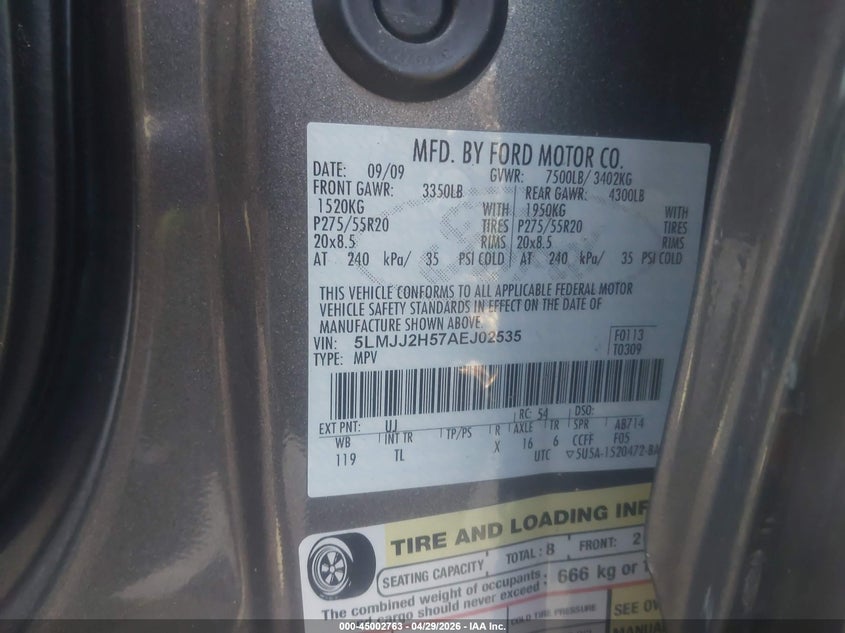 2010 Lincoln Navigator VIN: 5LMJJ2H57AEJ02535 Lot: 45002763