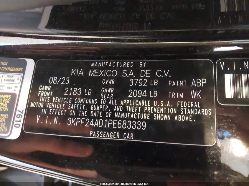 VIN 3KPF24AD1PE683339 2023 KIA FORTE LXS