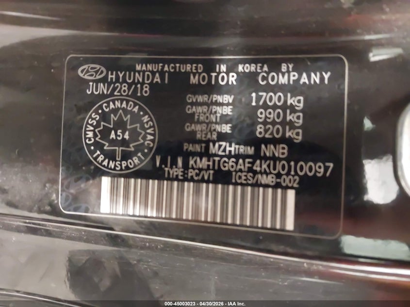 2019 Hyundai Veloster 2.0 Gl VIN: KMHTG6AF4KU010097 Lot: 45003023