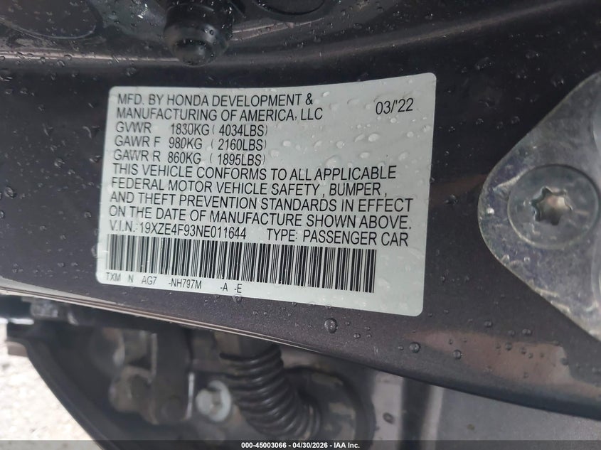 2022 Honda Insight Touring VIN: 19XZE4F93NE011644 Lot: 45003066