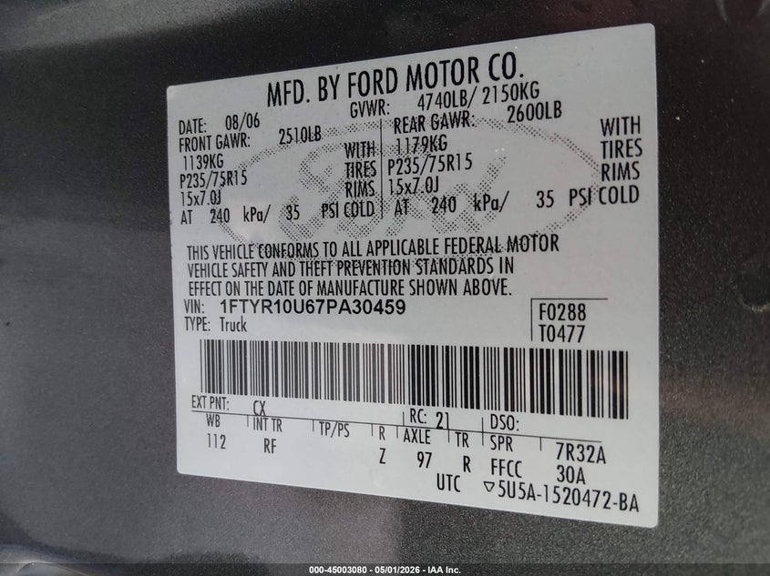 2007 FORD RANGER TRUCK 3.0L V-6 148HP