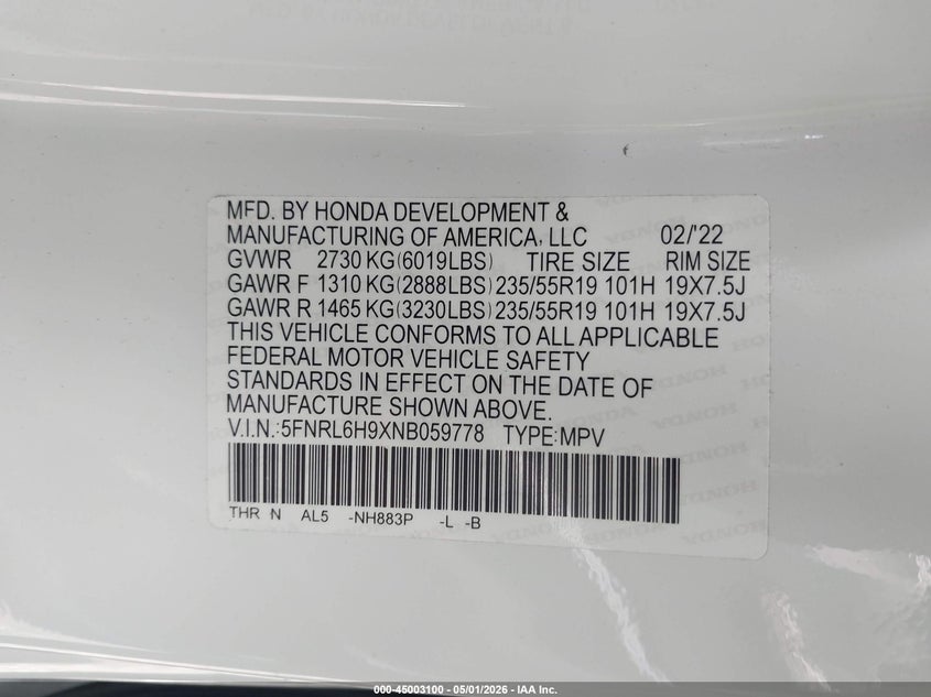 2022 Honda Odyssey Elite VIN: 5FNRL6H9XNB059778 Lot: 45003100