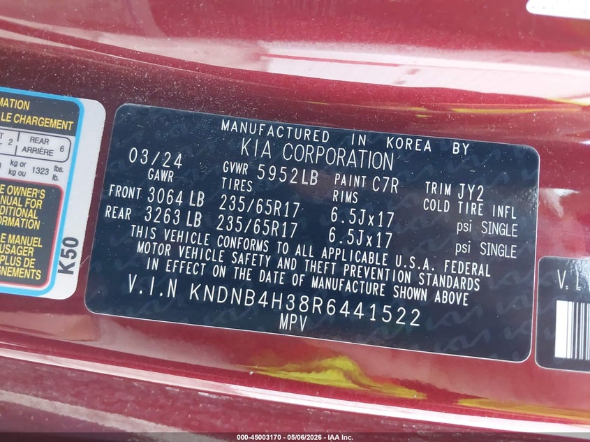 2024 Kia Carnival Mpv Lx Seat Package VIN: KNDNB4H38R6441522 Lot: 45003170