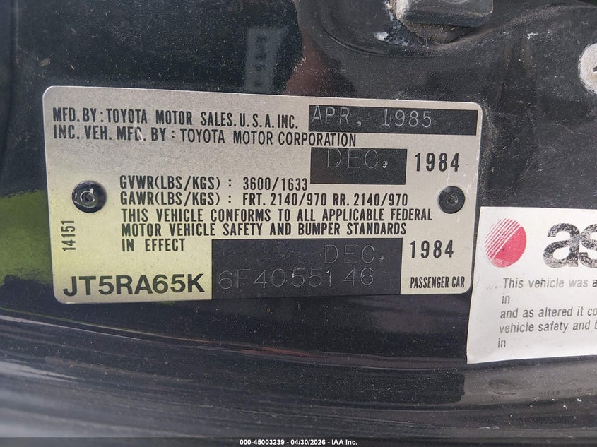 1985 Toyota Celica Gt-S VIN: JT5RA65K6F4055146 Lot: 45003239