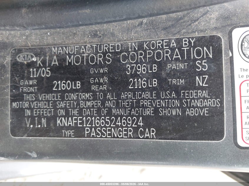 2006 Kia Spectra Ex/Lx/Sx VIN: KNAFE121665246924 Lot: 45003396