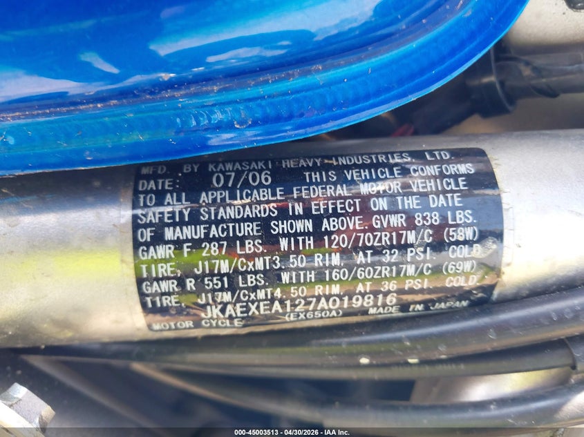 2007 Kawasaki Ex650 A VIN: JKAEXEA127A019816 Lot: 45003513