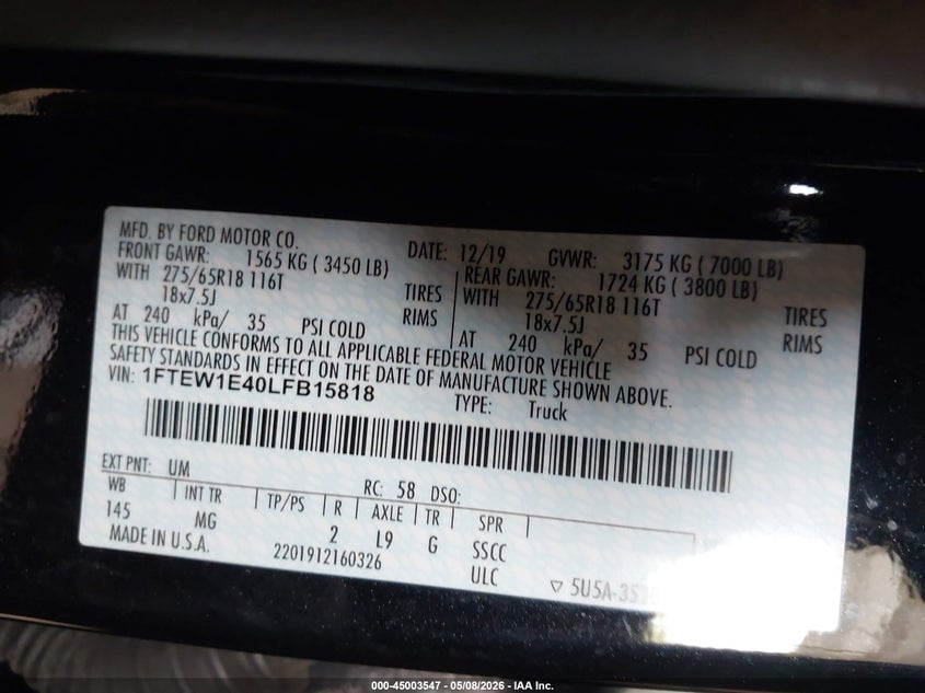 2020 FORD F-150 TRUCK 3.5L V-6 DI, DOHC, VVT, TURBO, 375HP