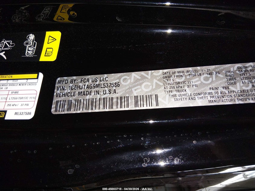 2021 Jeep Gladiator Willys Sport 4X4 VIN: 1C6HJTAG9ML537586 Lot: 45003718